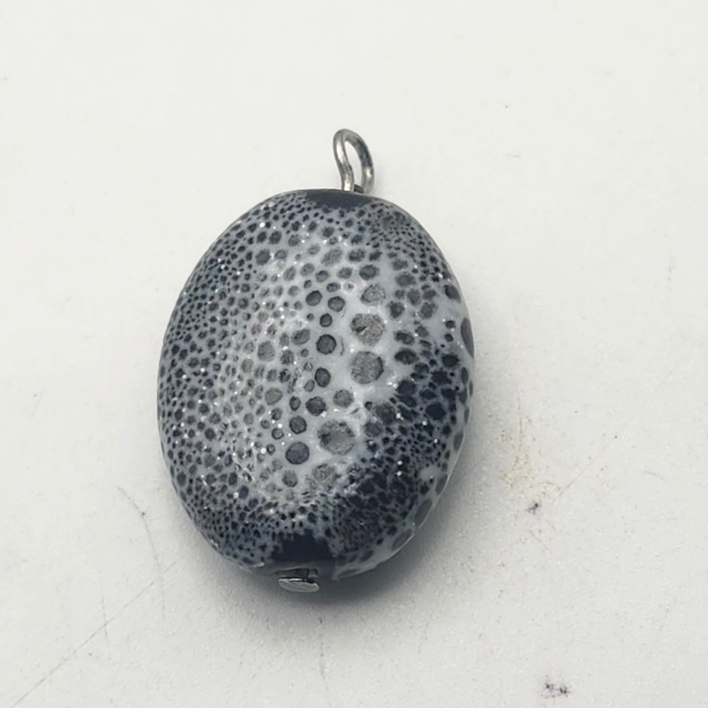 Black White Art Glass Pendant Spotted Bubble Pattern Silver Tone Artisan Jewelry